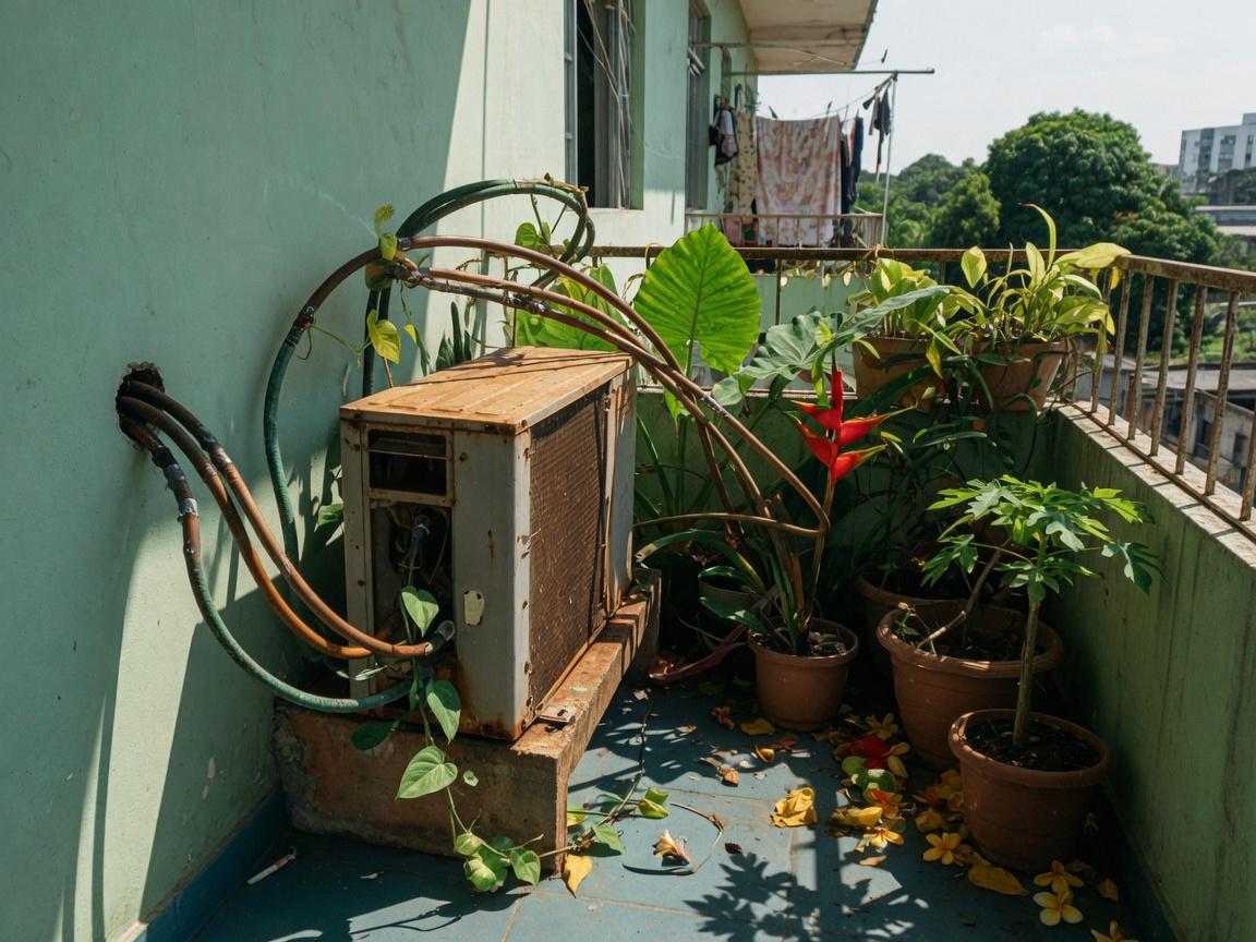 Condensadora de ar-condicionado na varanda de apartamento em Manaus