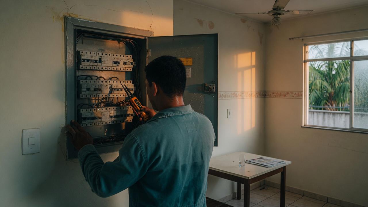 Eletricista em Manaus conferindo o quadro de disjuntores de um apartamento