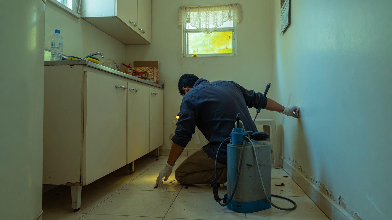 Técnico de controle de pragas inspecionando o rodapé da cozinha em Manaus