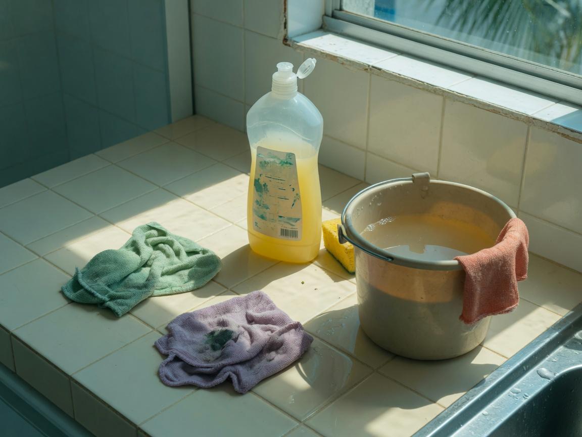 Materiais de limpeza sobre o balcão da cozinha de um apartamento