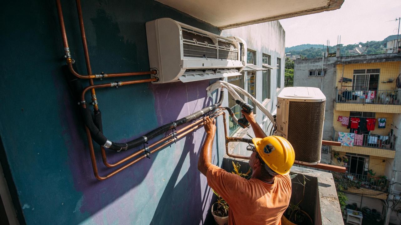 Técnico instalando ar-condicionado split na varanda de um apartamento em Manaus
