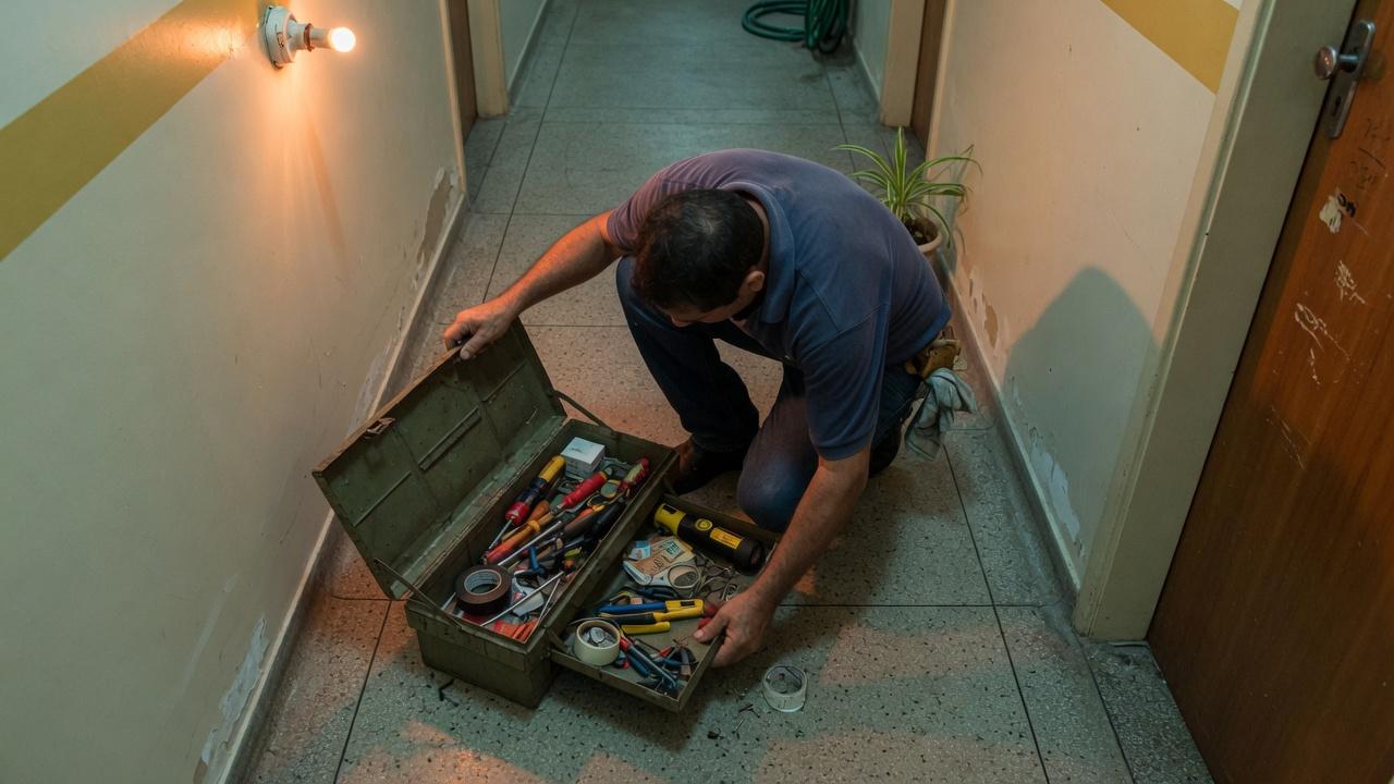 Marido de aluguel em Manaus abrindo a caixa de ferramentas no corredor do condomínio