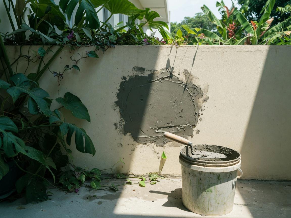 Reparo de alvenaria na varanda com colher de pedreiro e balde de argamassa