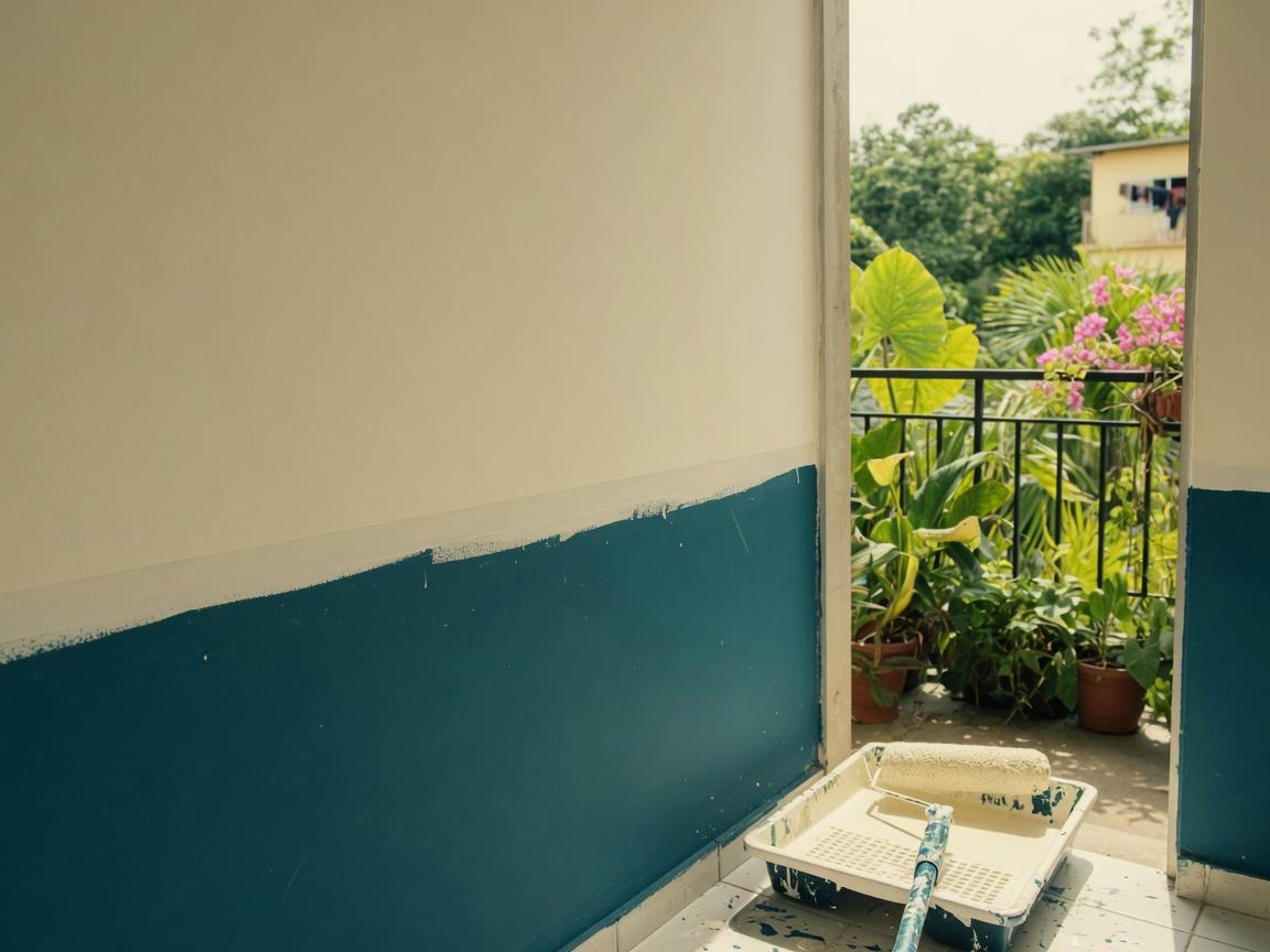 Parede recém-pintada com bandeja de tinta e varanda tropical ao fundo